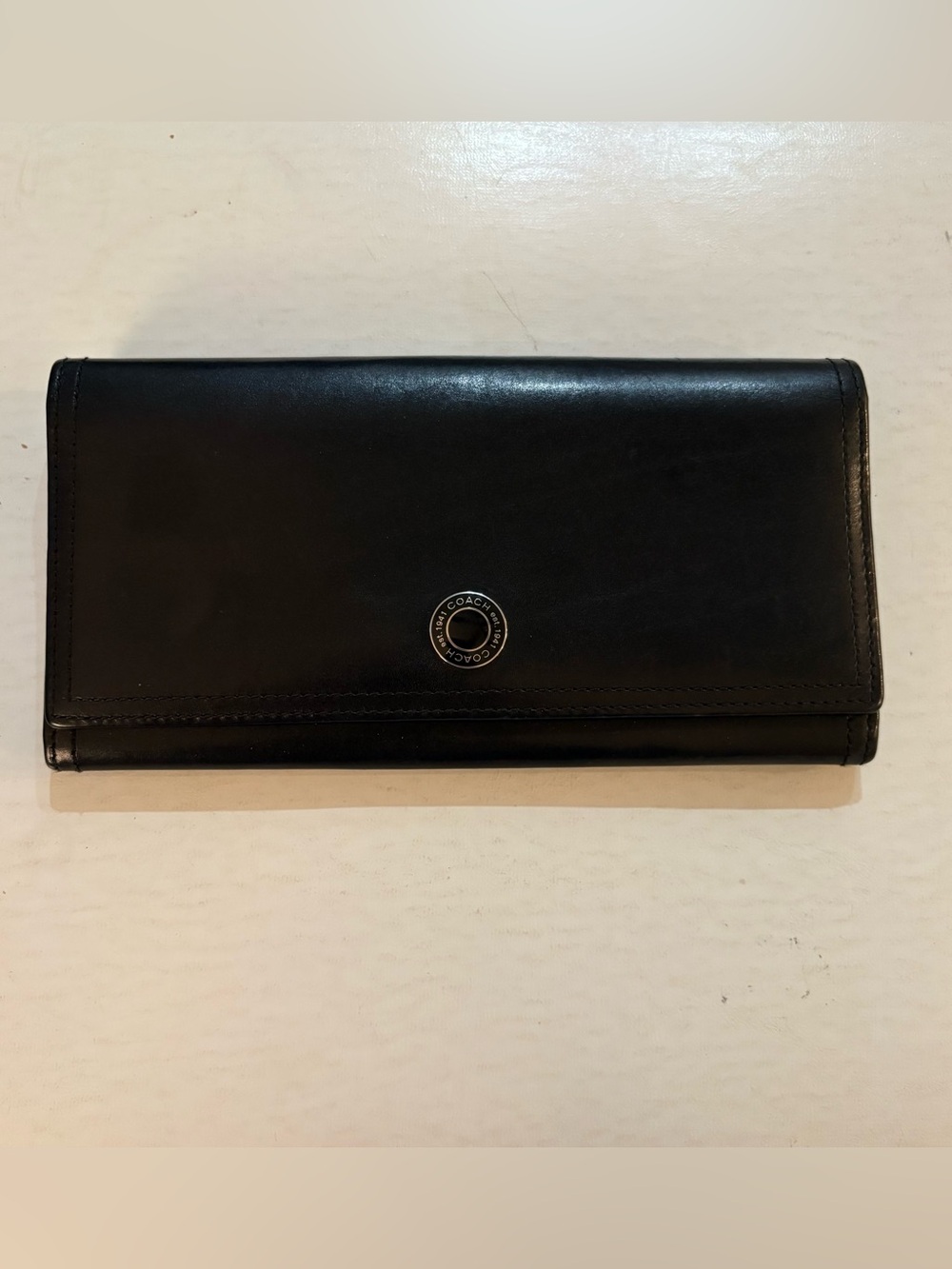 Coach Long Black Leather Flap Continental Wallet with Logo Accent